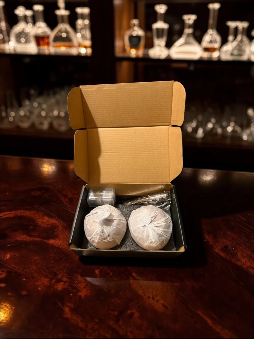 2 Handcrafted Charred Wooden Bourbon Whisky Tumblers with Stones - New in Box